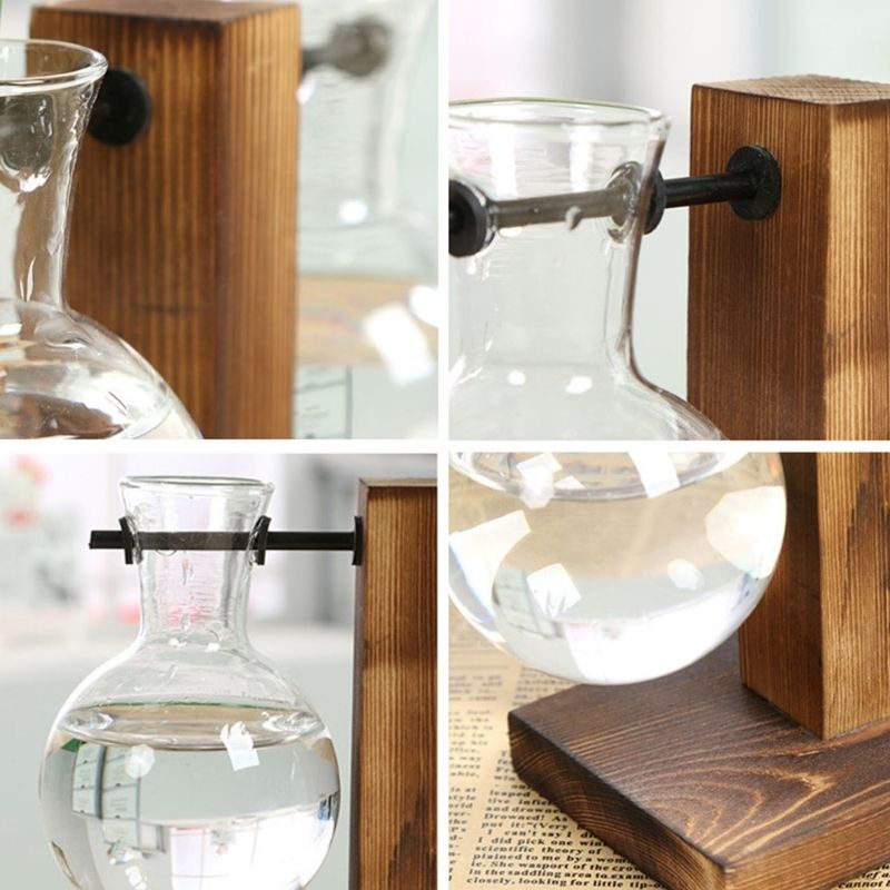 Wooden Frame Glass Hydroponic Plant Vase Decor