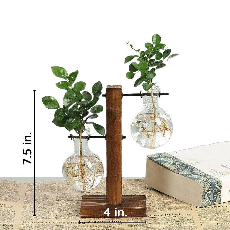 Wooden Frame Glass Hydroponic Plant Vase Decor