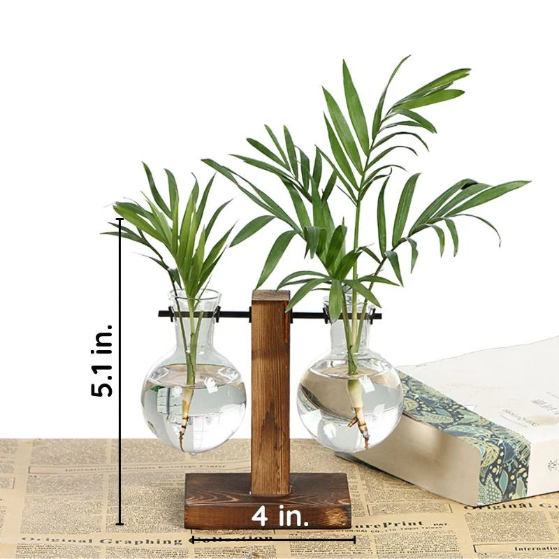 Wooden Frame Glass Hydroponic Plant Vase Decor